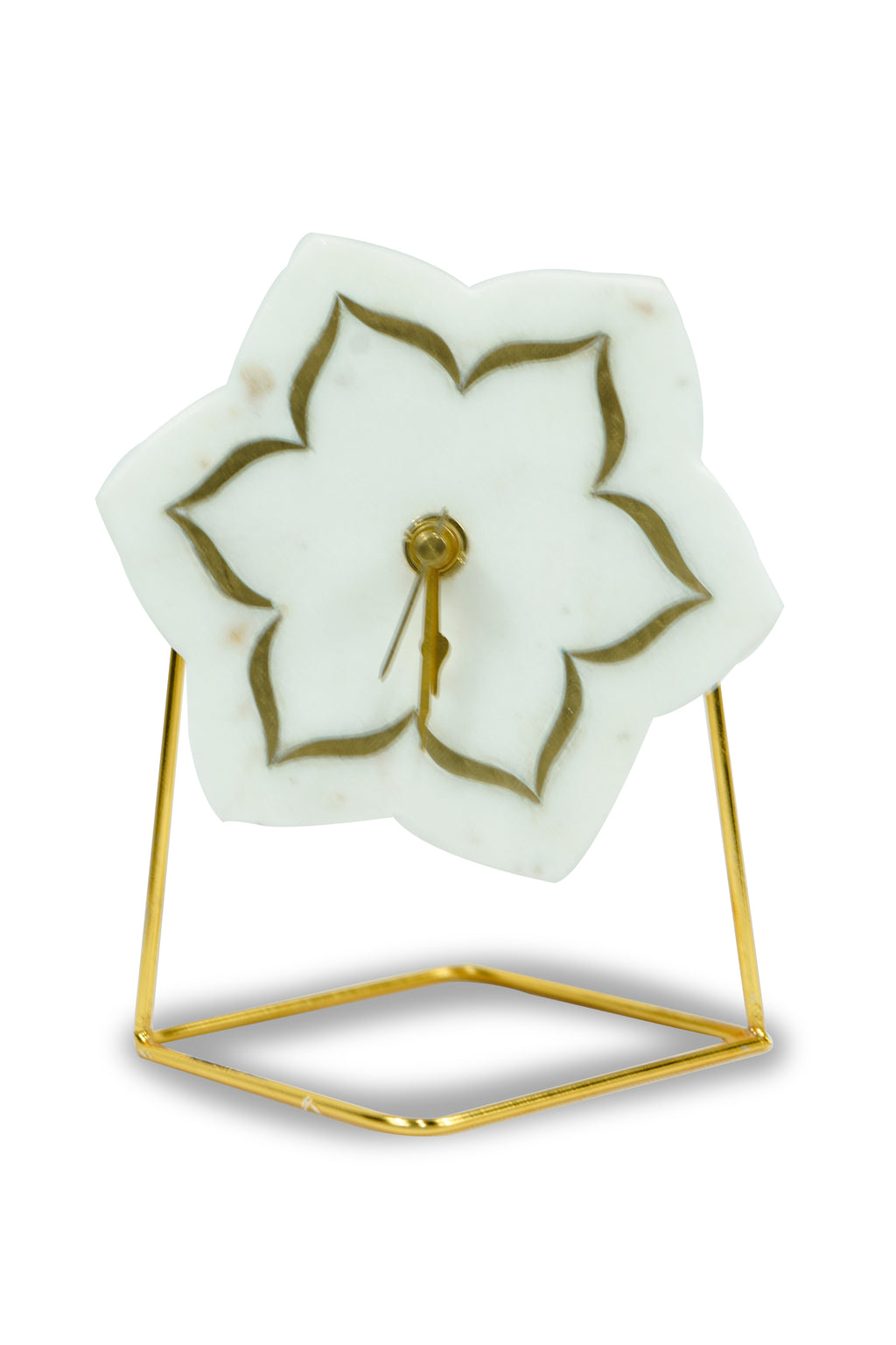 White Marble Floral Shape Desk Clock with Brass Inlay