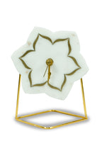 White Marble Floral Shape Desk Clock with Brass Inlay