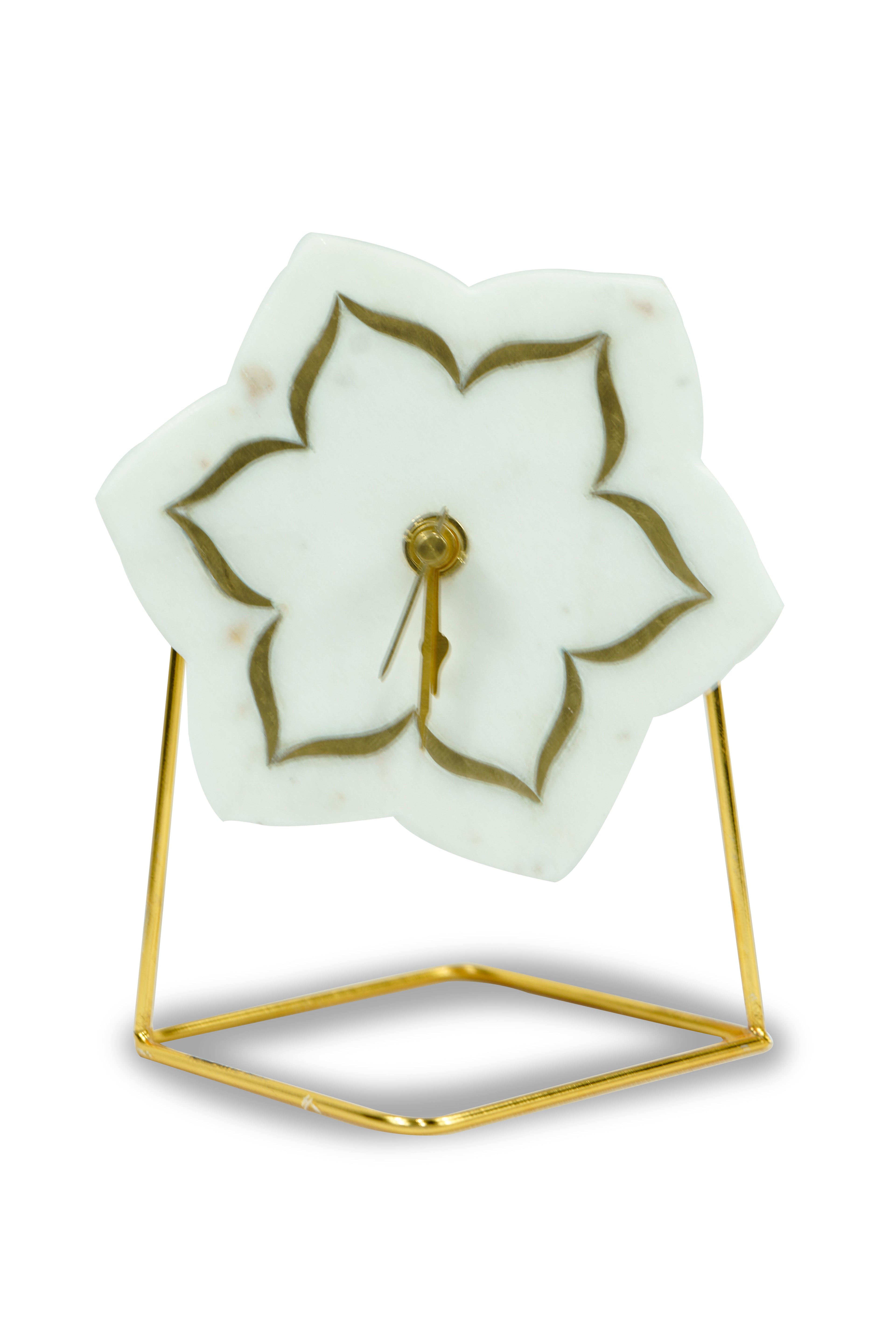 White Marble Floral Shape Desk Clock with Brass Inlay