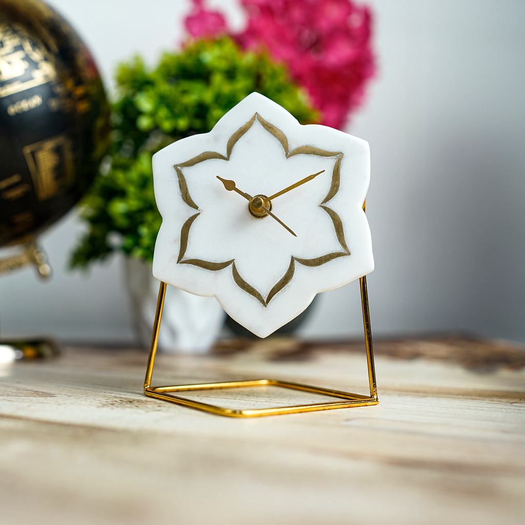 White Marble Floral Shape Desk Clock with Brass Inlay
