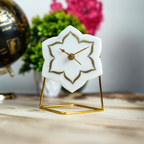 White Marble Floral Shape Desk Clock with Brass Inlay