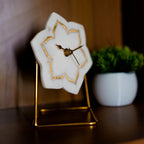 White Marble Floral Shape Desk Clock with Brass Inlay