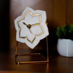 White Marble Floral Shape Desk Clock with Brass Inlay