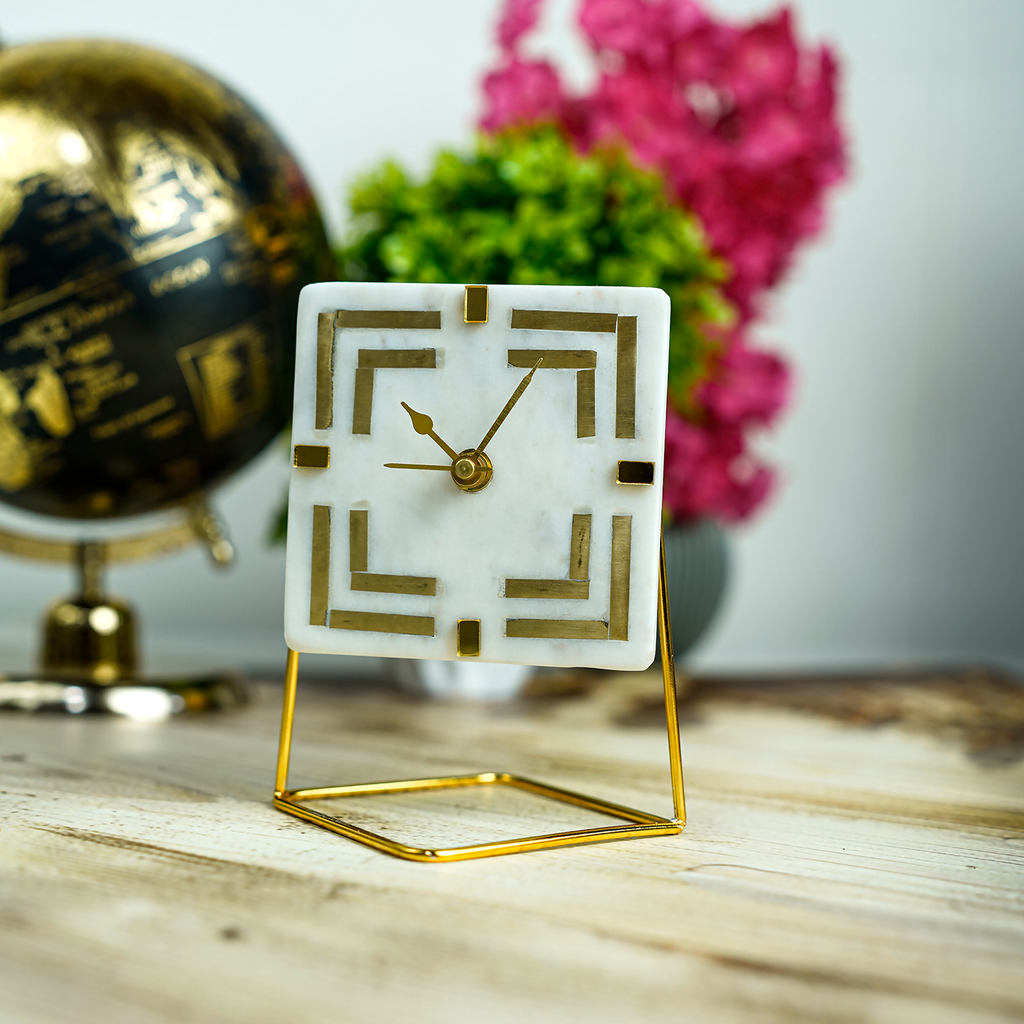 White Marble Square Shape Desk Clock with Brass Inlay
