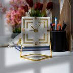 White Marble Square Shape Desk Clock with Brass Inlay