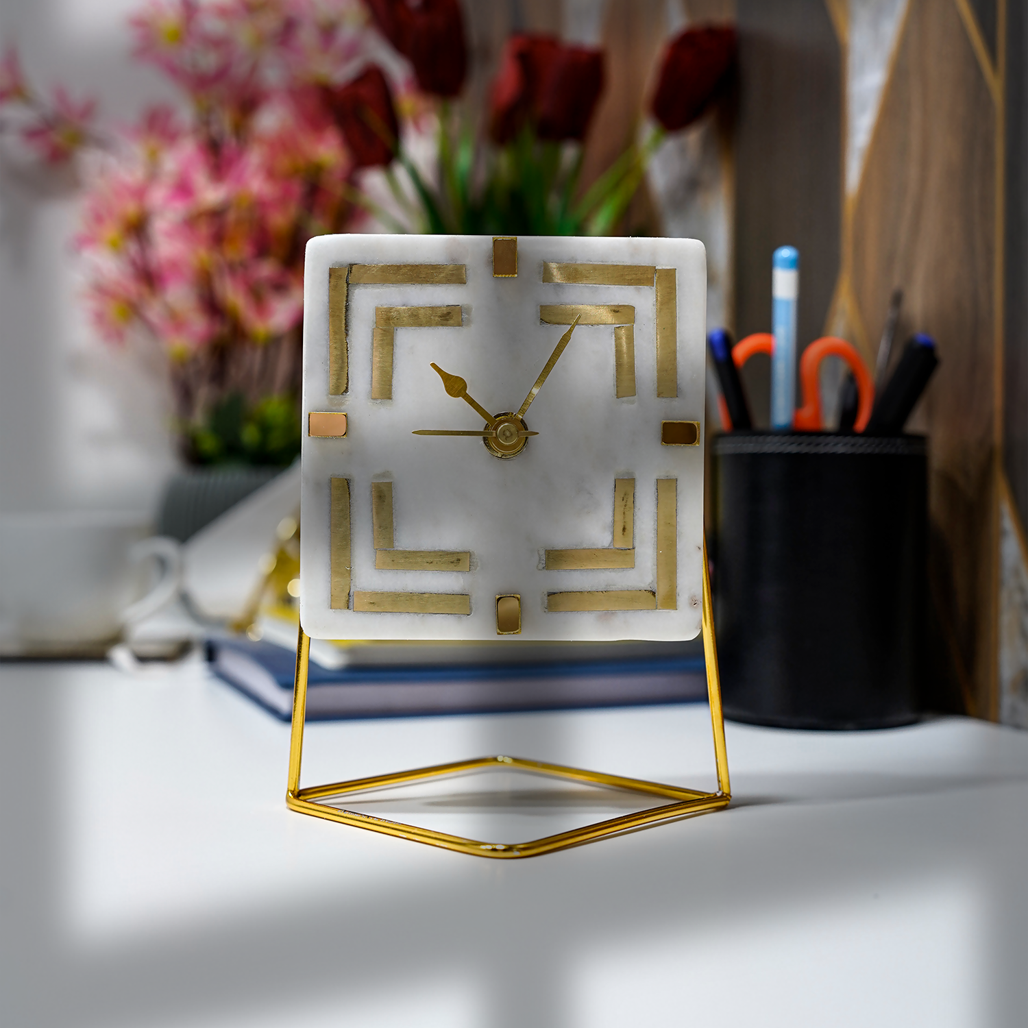 White Marble Square Shape Desk Clock with Brass Inlay