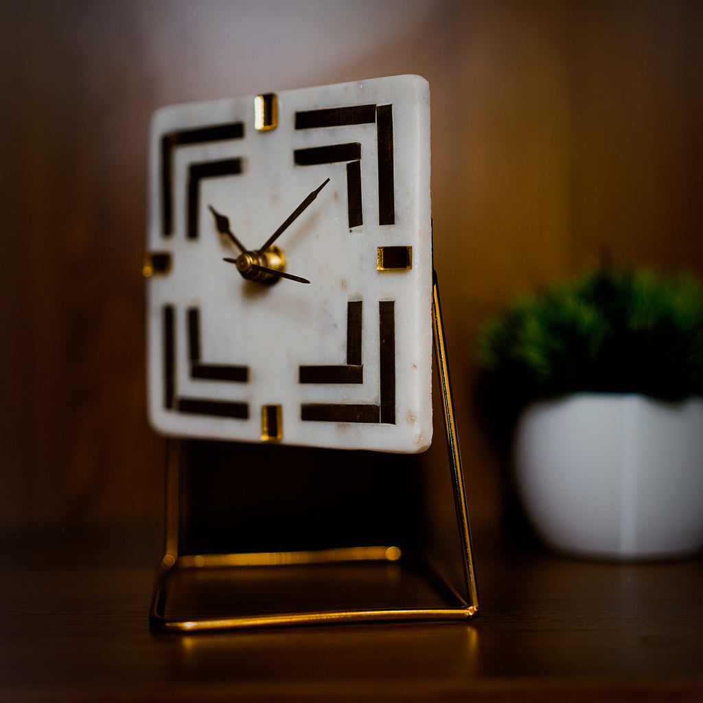 White Marble Square Shape Desk Clock with Brass Inlay
