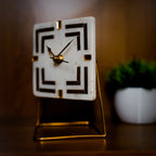 White Marble Square Shape Desk Clock with Brass Inlay