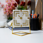 White Marble Square Shape Desk Clock with Brass Inlay