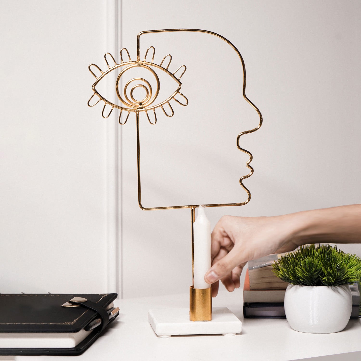 Evil Eye Face Design Metal Candle Holder with Marble Base Home Decor Accent