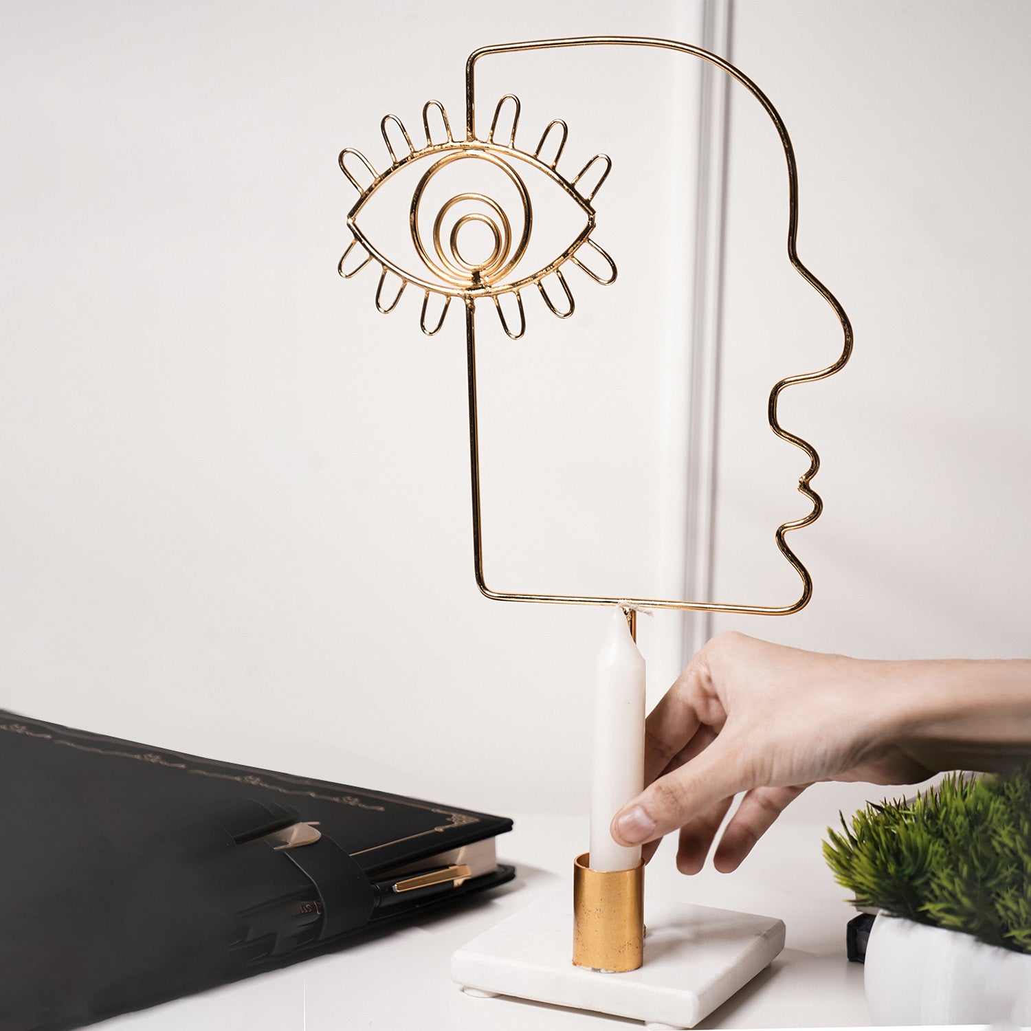 Evil Eye Face Design Metal Candle Holder with Marble Base Home Decor Accent