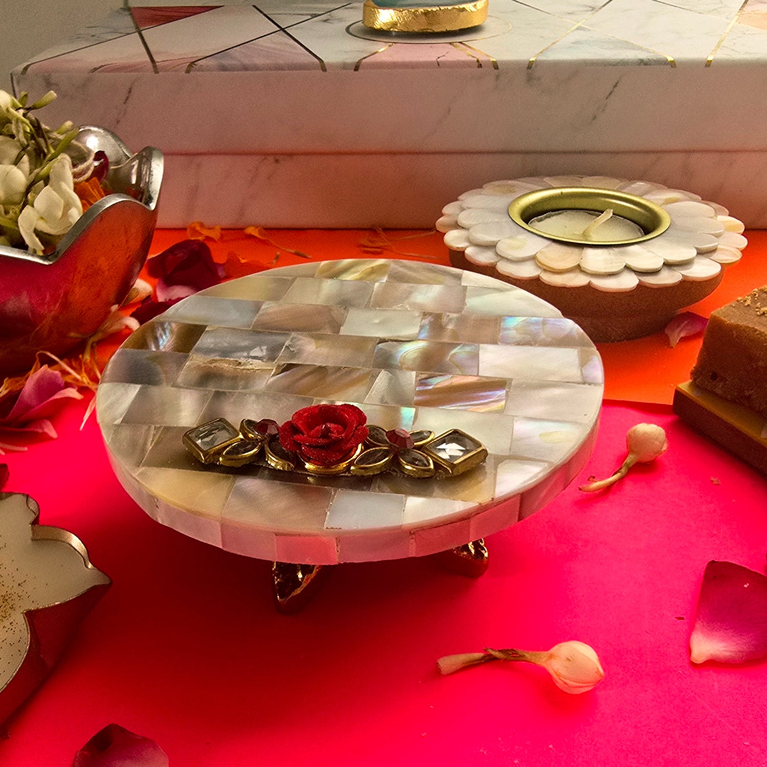 Mother Of Pearl White Round Tea Light Holder, Choki And Candle