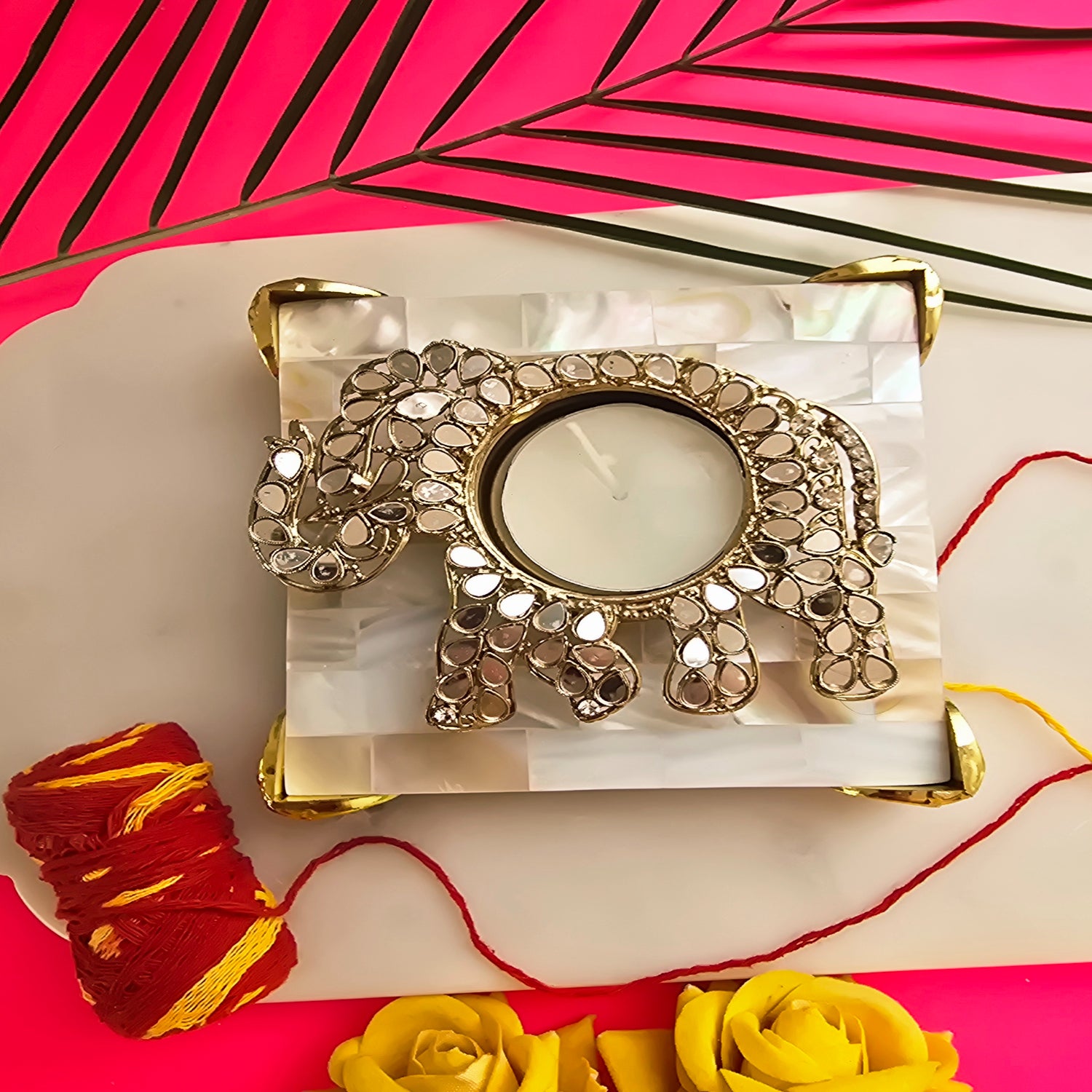 Metal Elephant Shape Diya with White Mother Of Pearl Pooja Platter