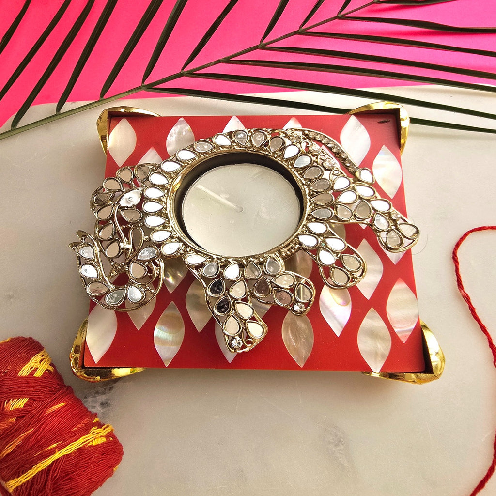 Metal Elephant Shape Diya with Red MOP Pooja Platter With Box