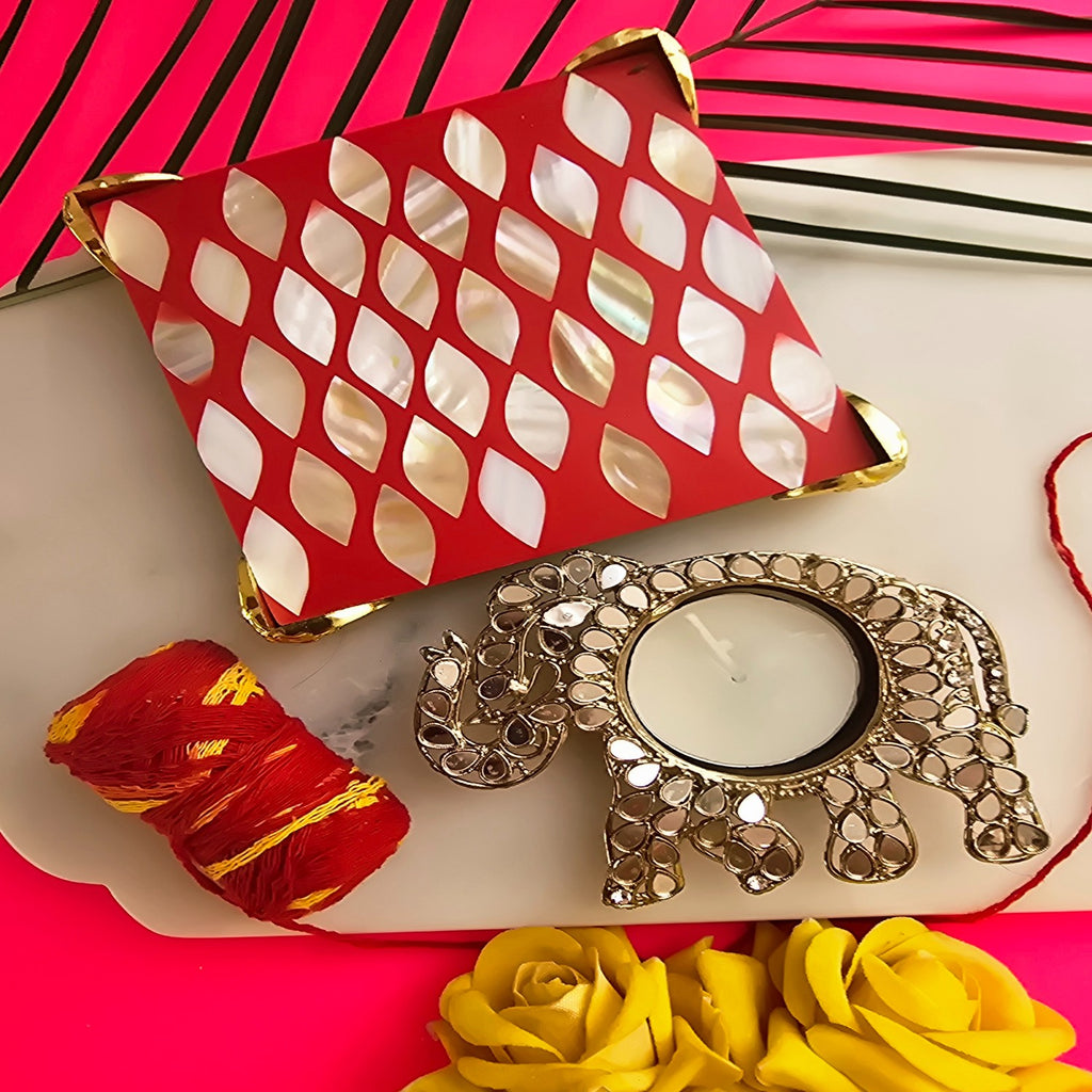 Metal Elephant Shape Diya with Red MOP Pooja Platter With Box