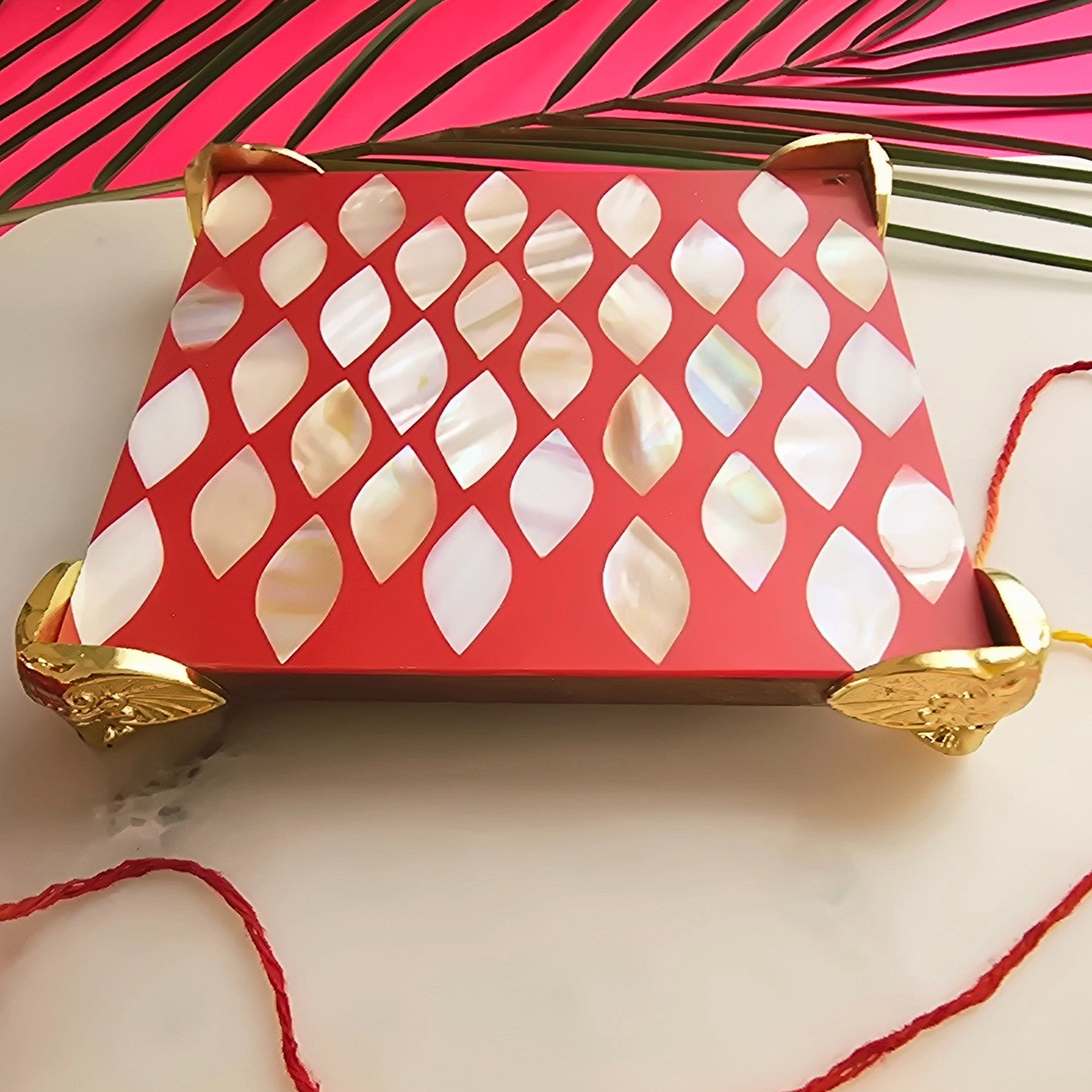 Metal Elephant Shape Diya with Red MOP Pooja Platter With Box