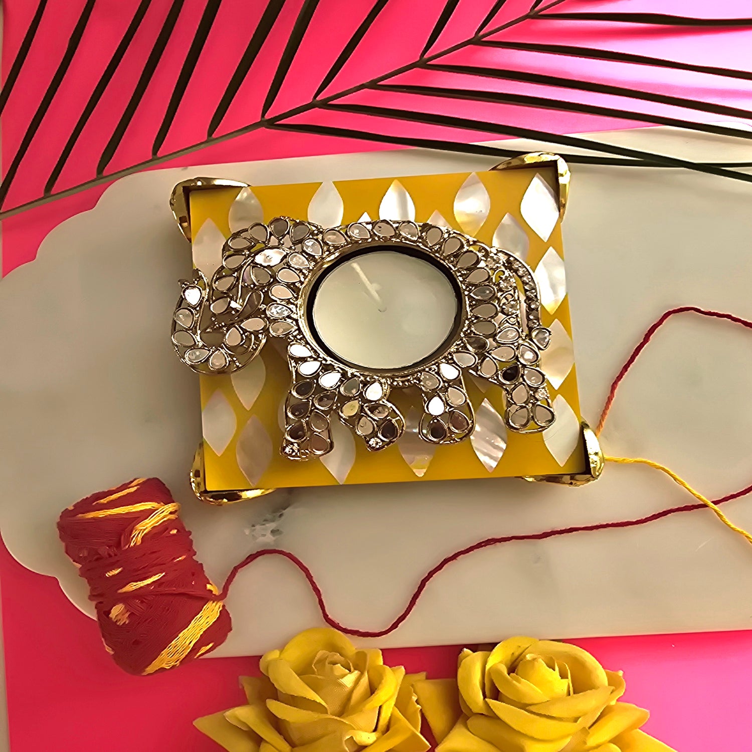 Metal Elephant Shape Diya with Yellow MOP Pooja Platter With Box