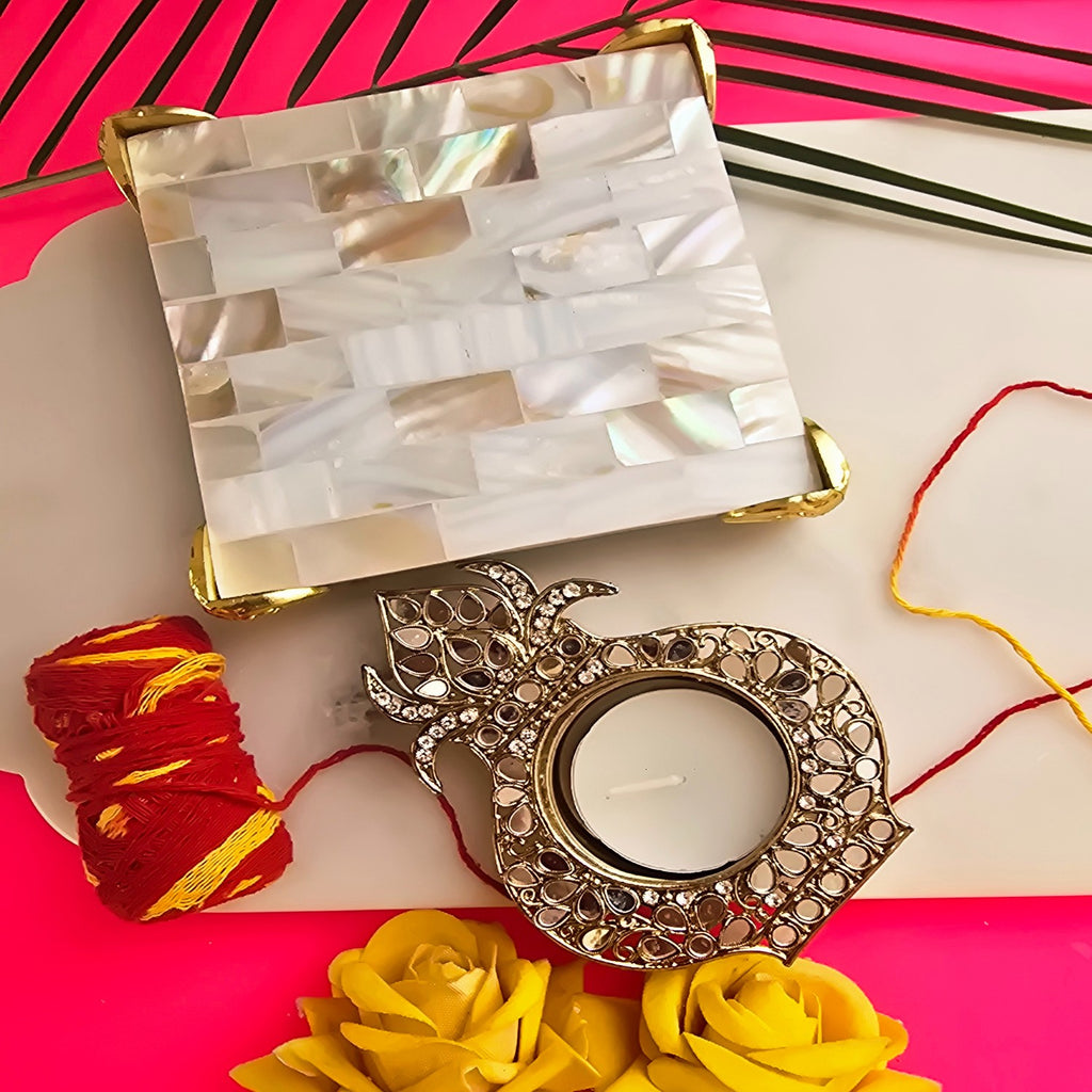 Metal kalash shap Diya with White MOP Pooja Platter With Box