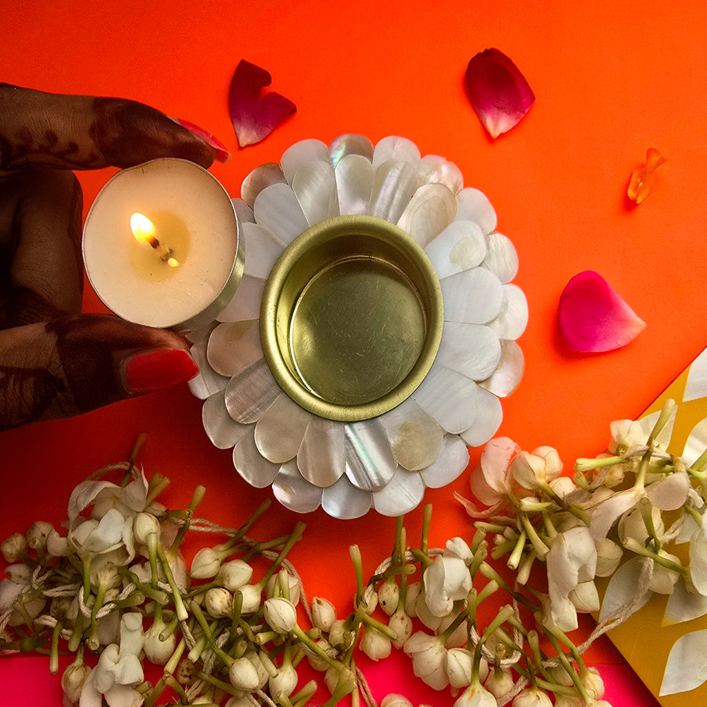 Mother Of Pearl White Floral Shape Tea Light Holder