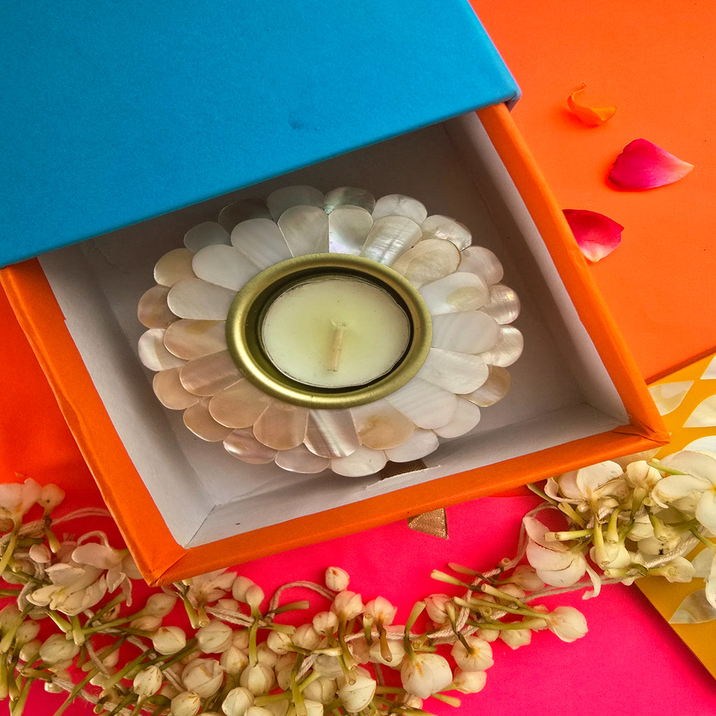 Mother Of Pearl White Floral Shape Tea Light Holder