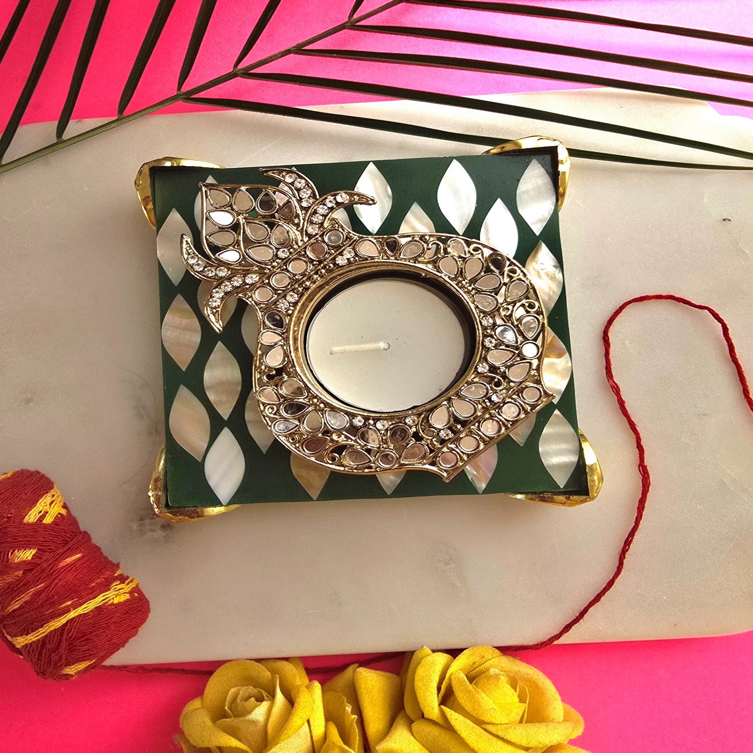 Metal kalash shap Diya with Green MOP Pooja Platter With Box