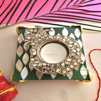 Metal kalash shap Diya with Green MOP Pooja Platter With Box