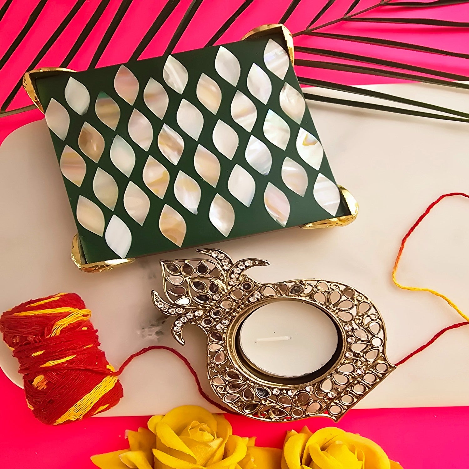 Metal kalash shap Diya with Green MOP Pooja Platter With Box