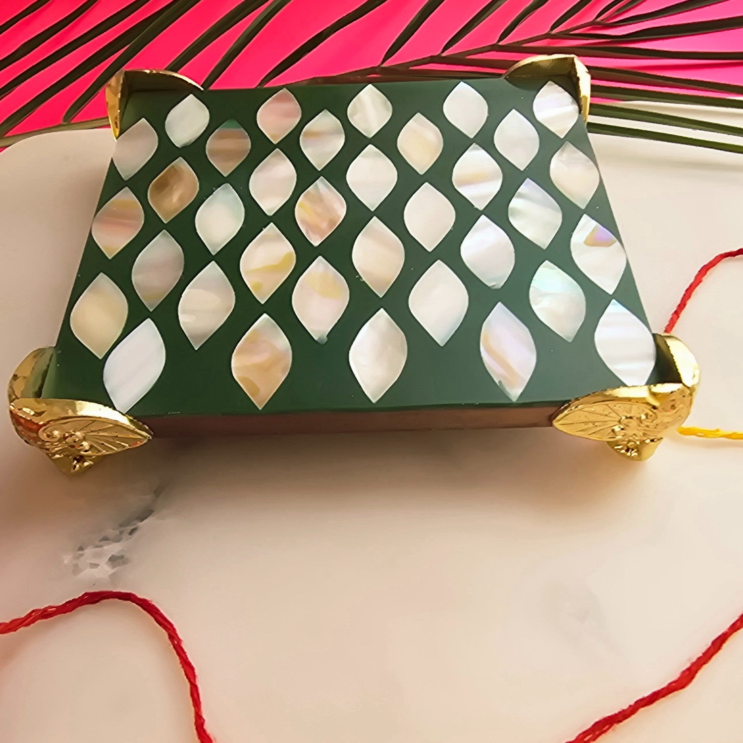 Metal kalash shap Diya with Green MOP Pooja Platter With Box