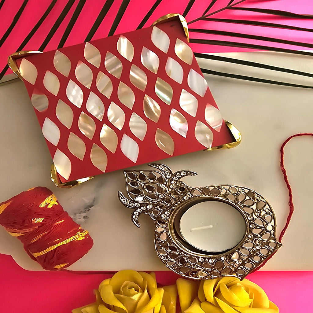 Metal kalash shap Diya with Red MOP Pooja Platter With Box