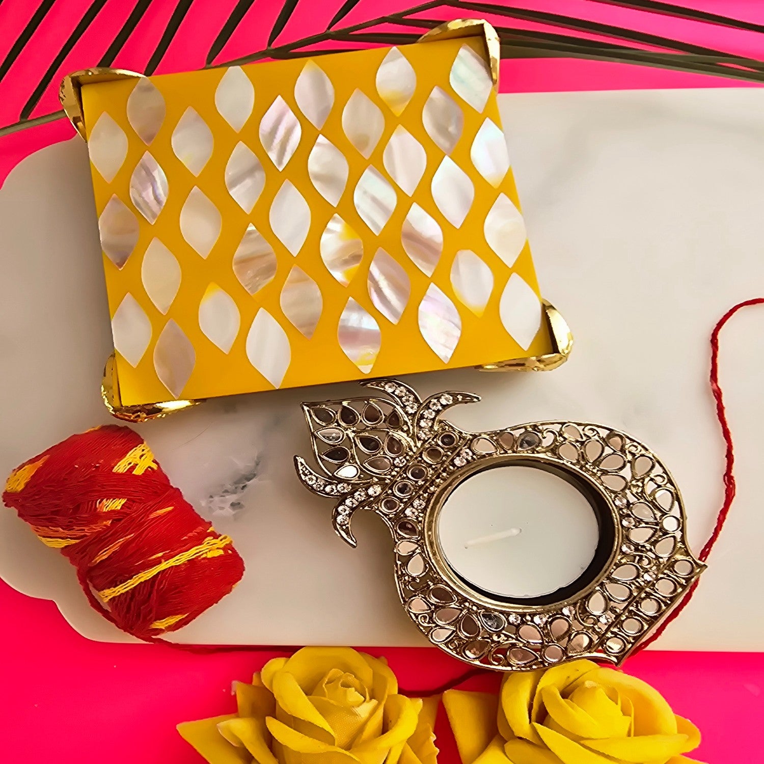 Metal kalash shap Diya with Yellow MOP Pooja Platter With Box