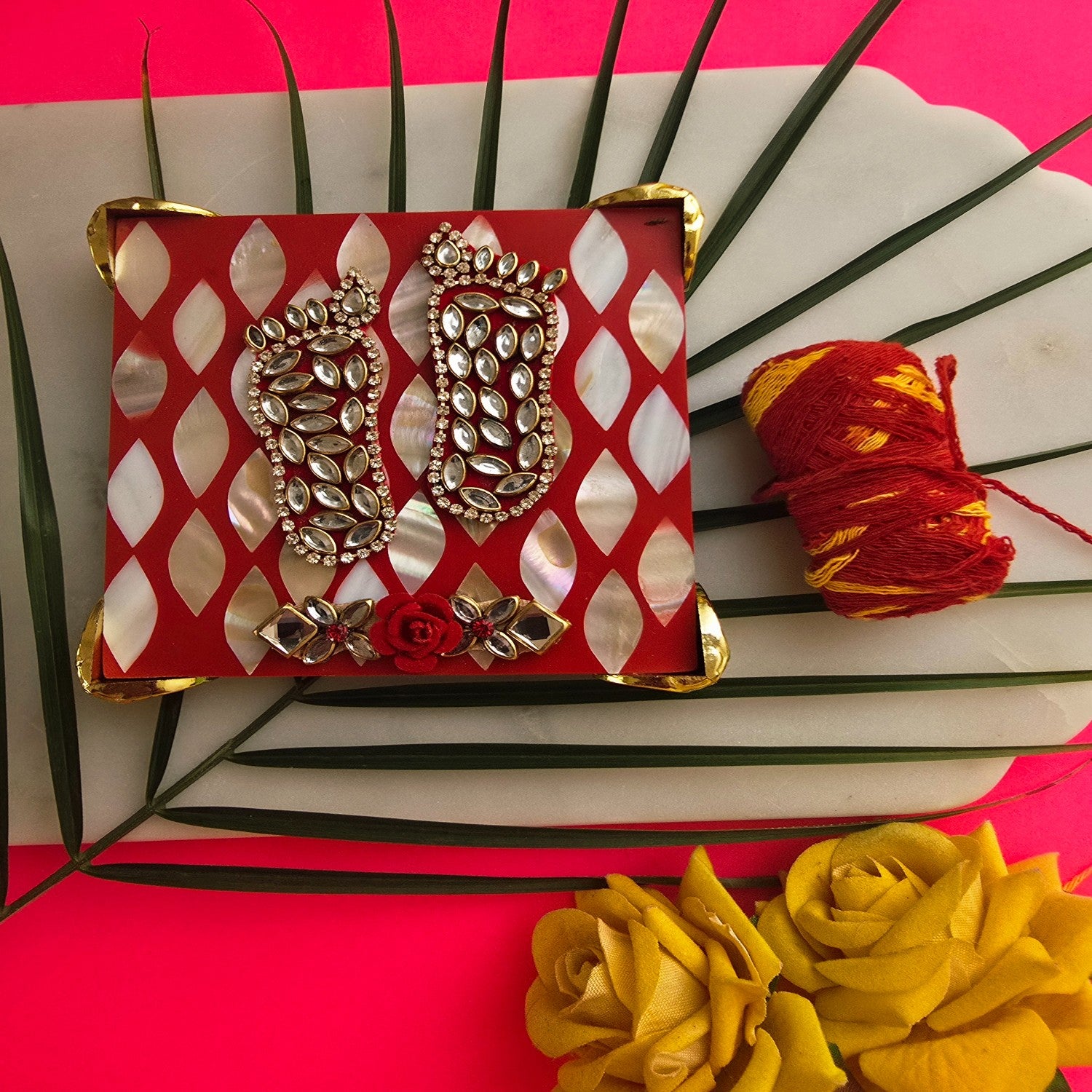 Red Mother Of Pearl Laxmi Charan Paduka