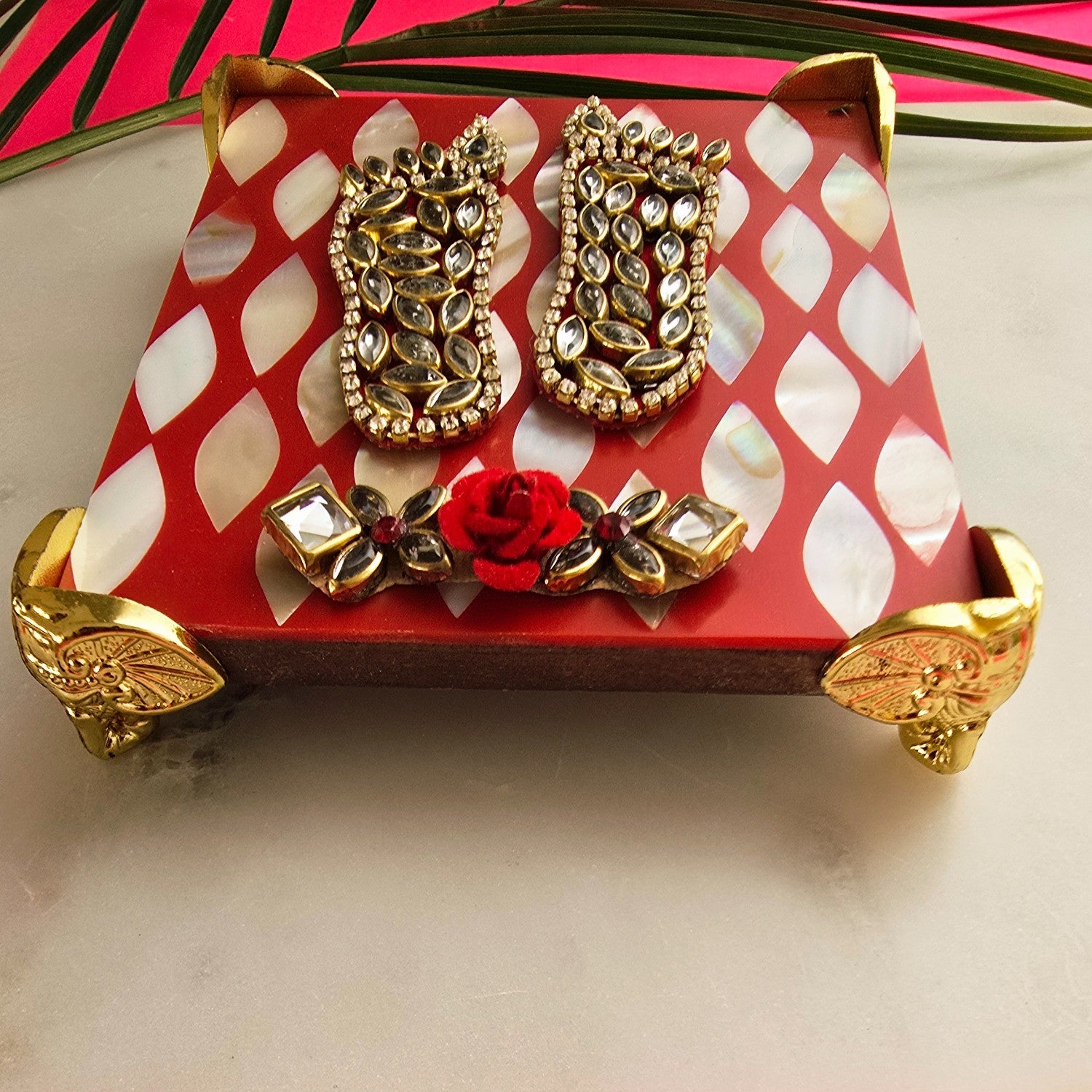 Red Mother Of Pearl Laxmi Charan Paduka