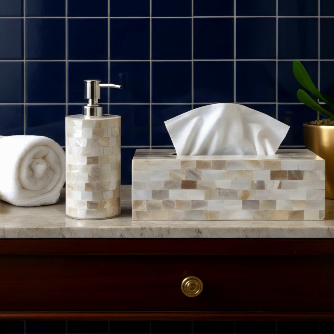 Mother of Pearl Round Soap Dispenser with Tissue Box