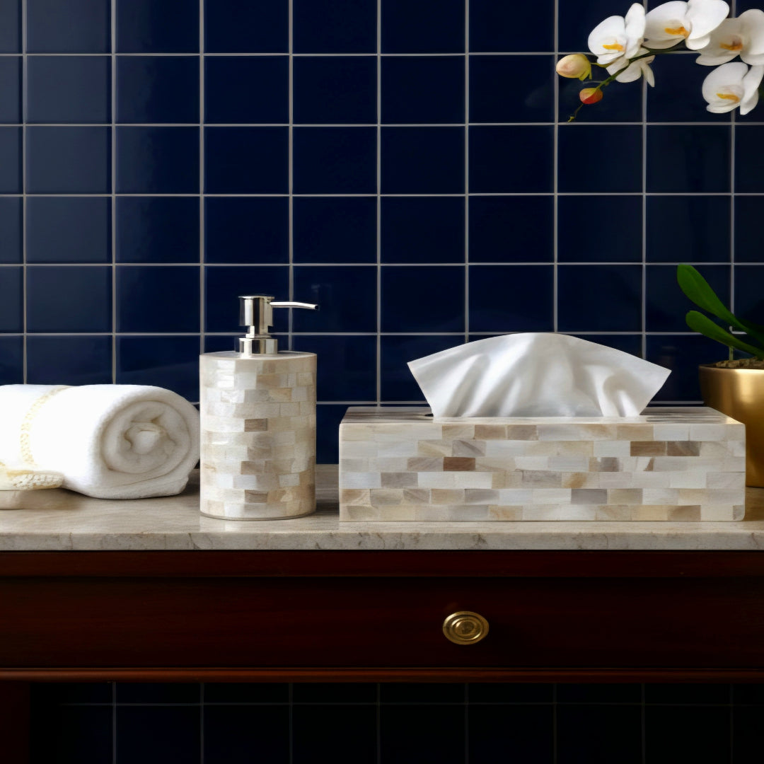 Mother of Pearl Round Soap Dispenser with Tissue Box
