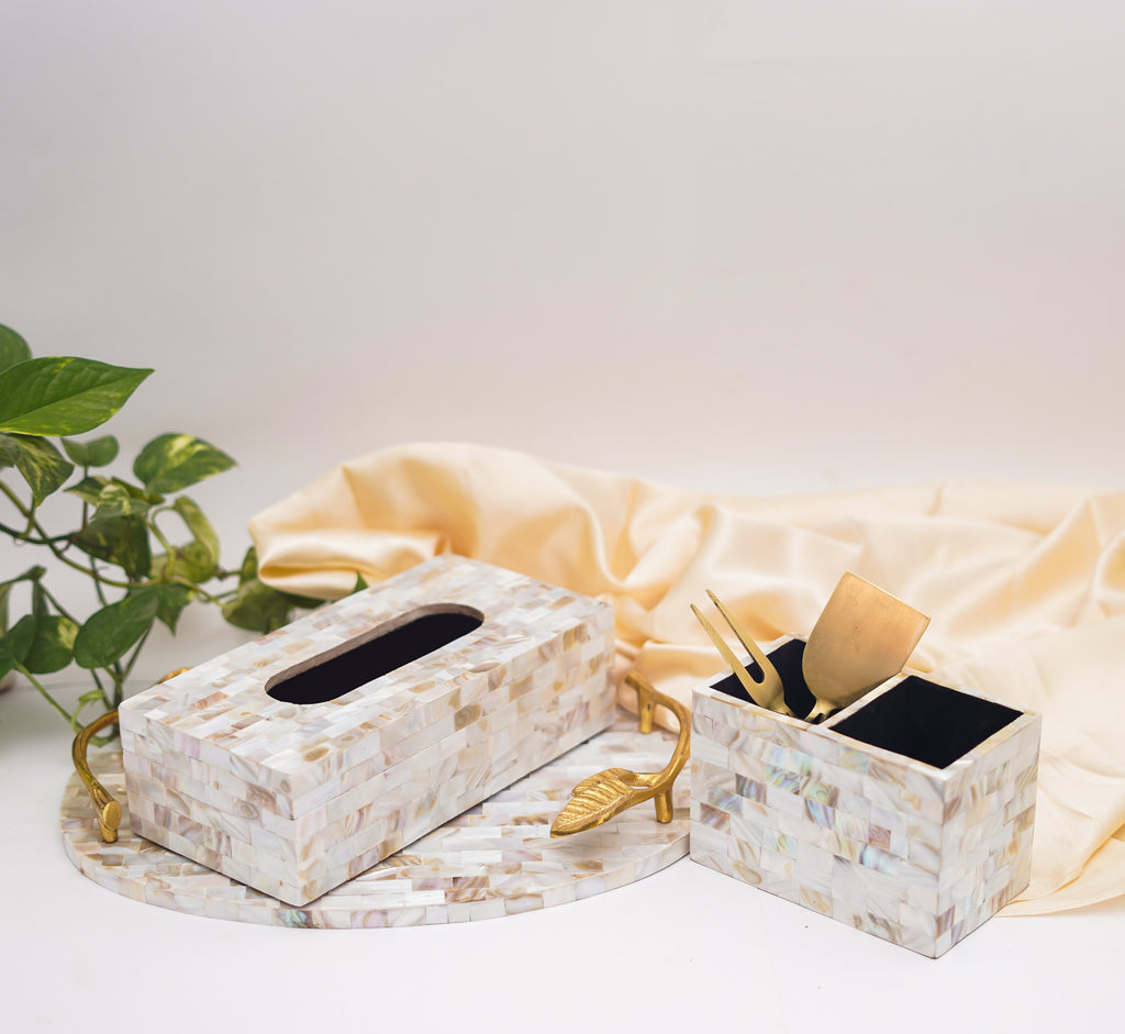 Mother of Pearl Tissue Holder, Cutlery and Tray Set of 3