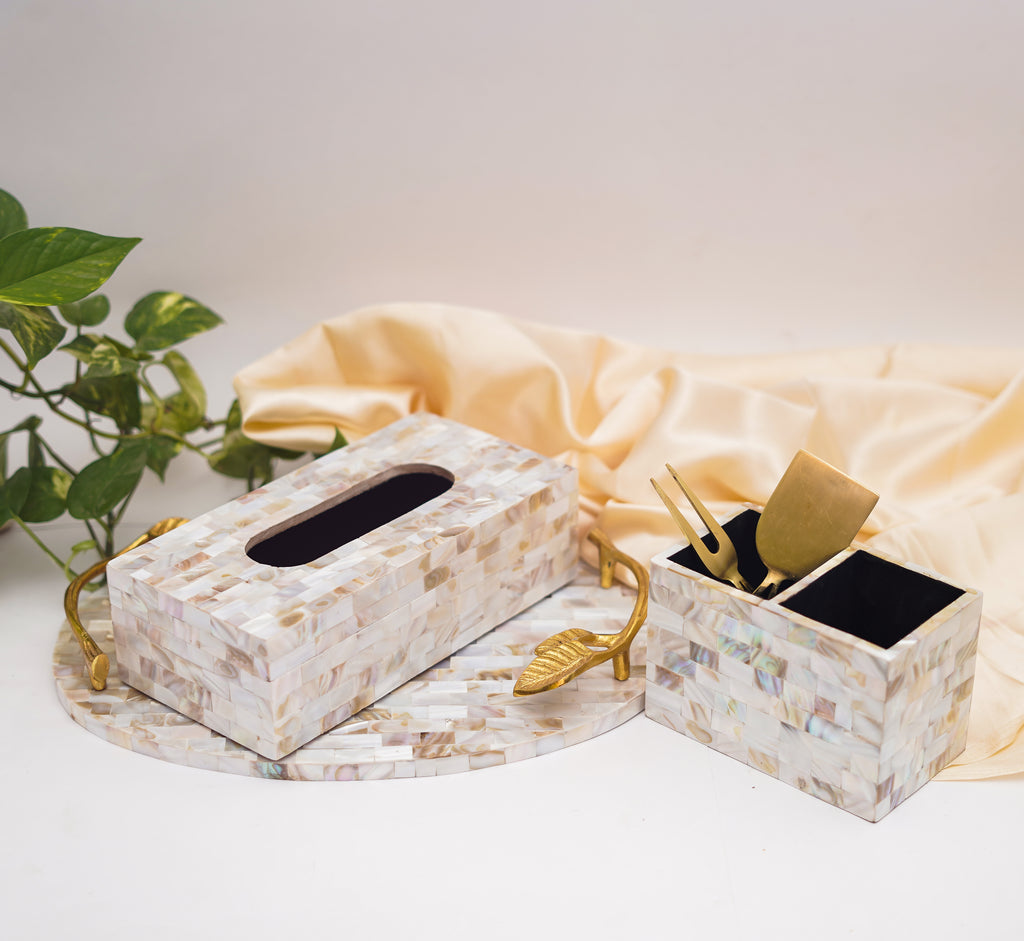 Mother of Pearl Tissue Holder, Cutlery and Tray Set of 3
