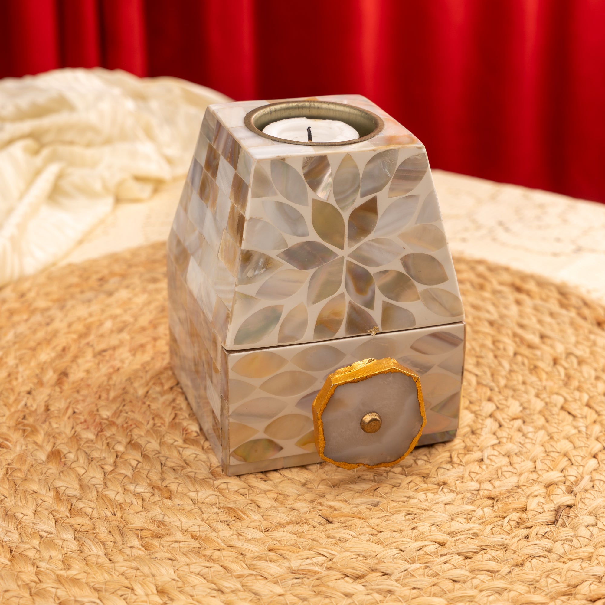 Mother of Pearl Tealight Holder with Small Drawer