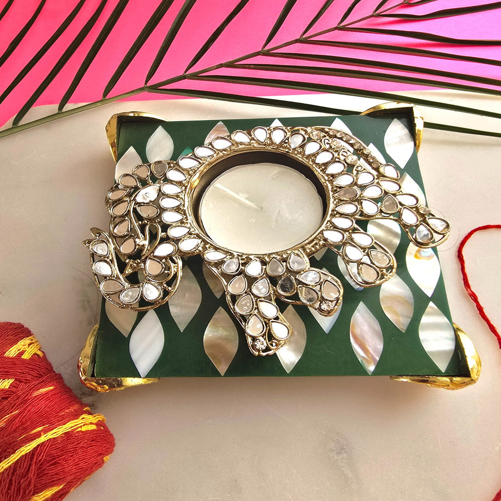 Metal Elephant Shape Diya with Green MOP Pooja Platter With Box