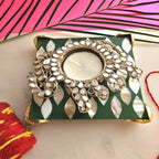 Metal Elephant Shape Diya with Green MOP Pooja Platter With Box