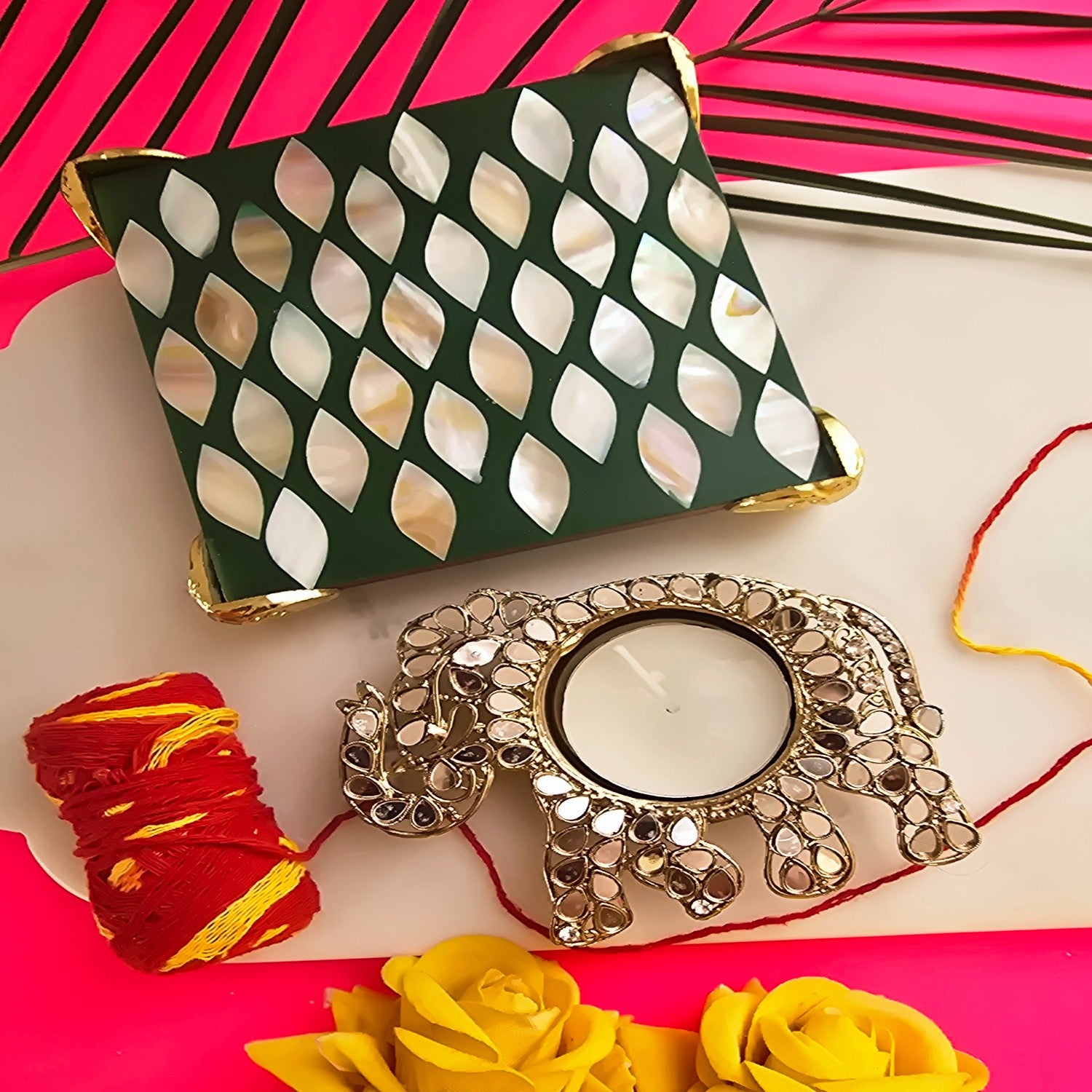 Metal Elephant Shape Diya with Green MOP Pooja Platter With Box