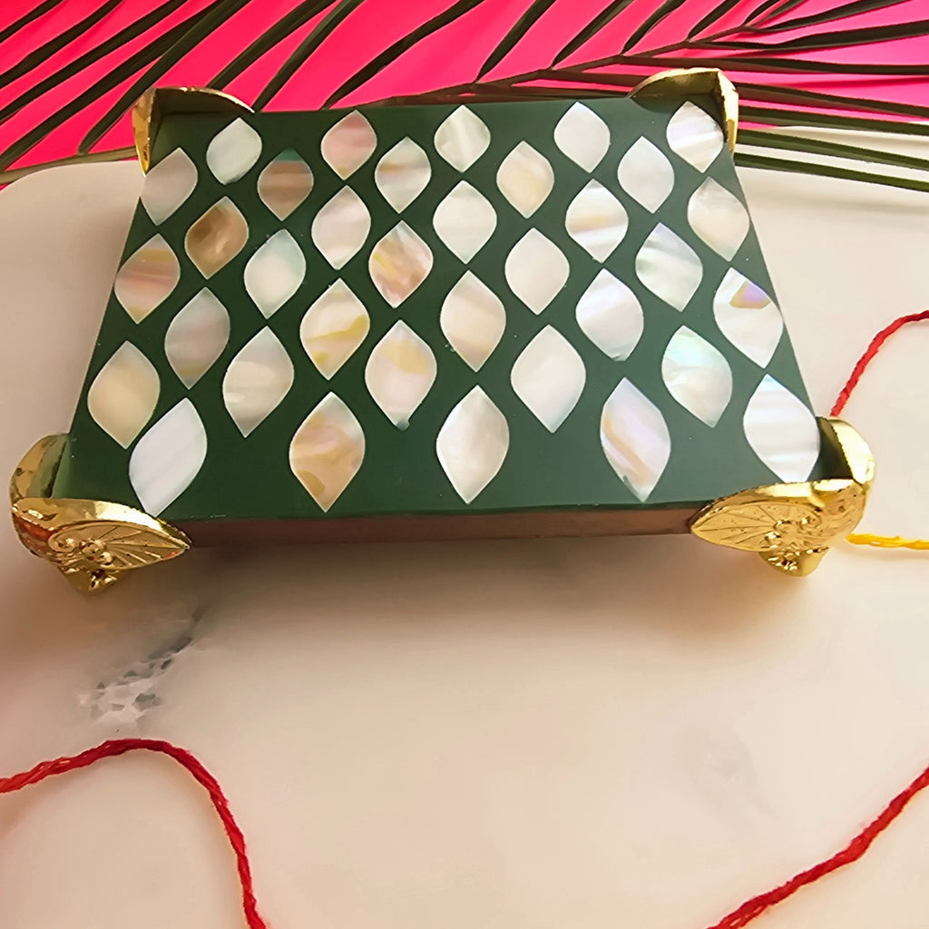 Metal Elephant Shape Diya with Green MOP Pooja Platter With Box