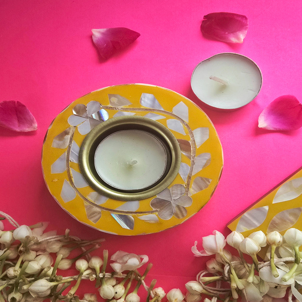 Mother Of Pearl Yellow Round Tea Light Holder