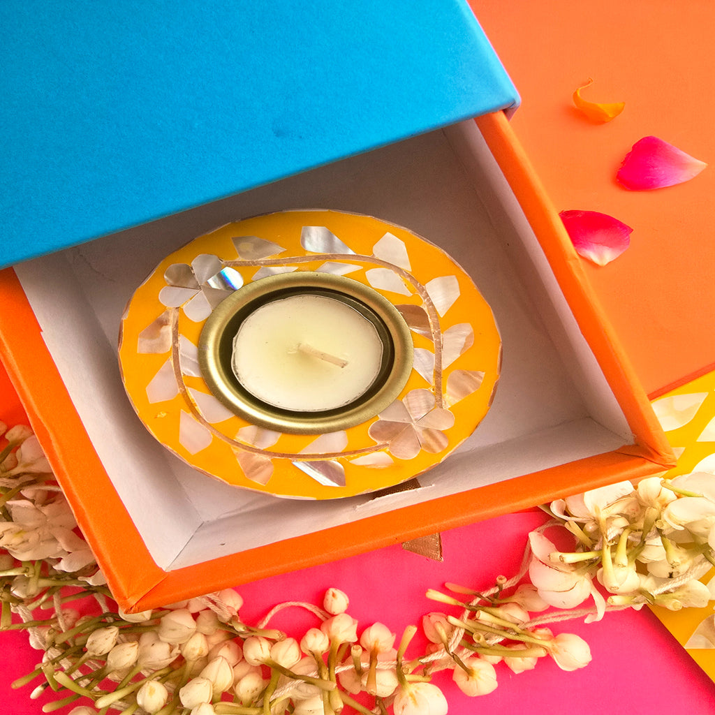 Mother Of Pearl Yellow Round Tea Light Holder