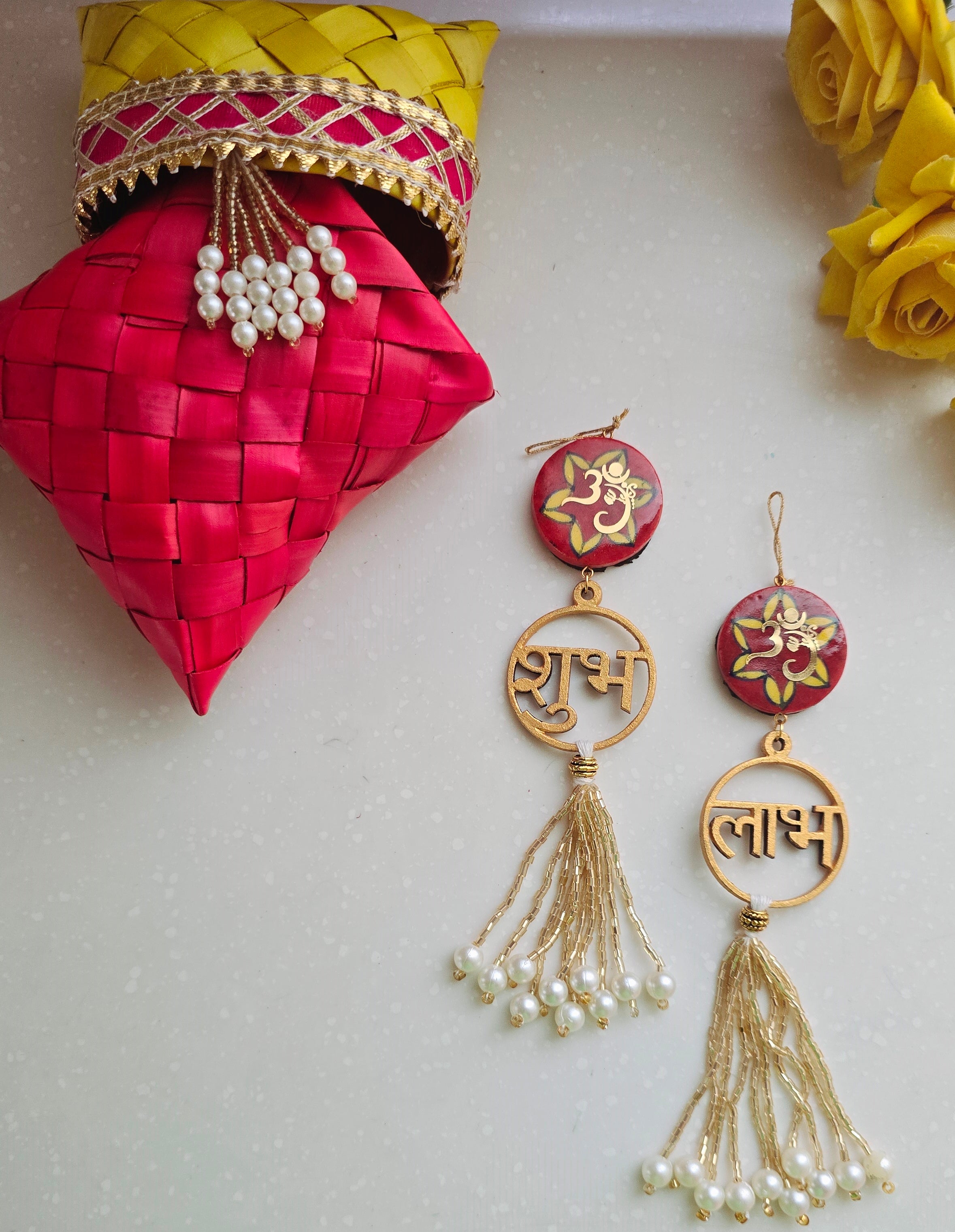 Blue Pottery Red Floral Print Om Ganesha Shubh Labh Door Hangings