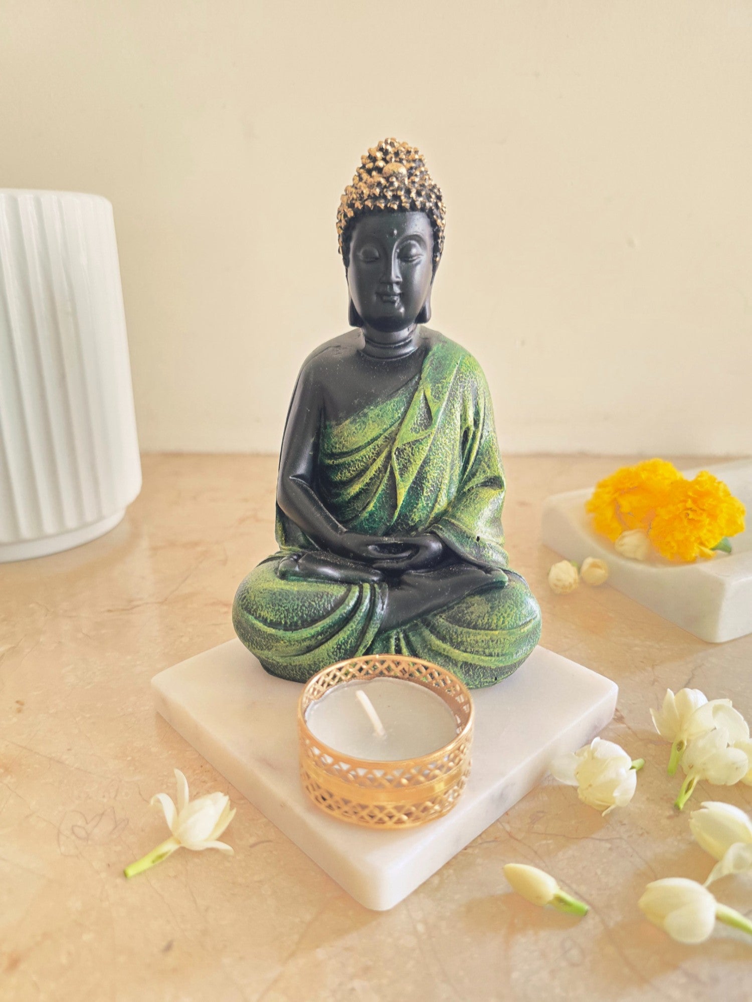 Green Meditating Buddha Idol with Tealight Candle Holder