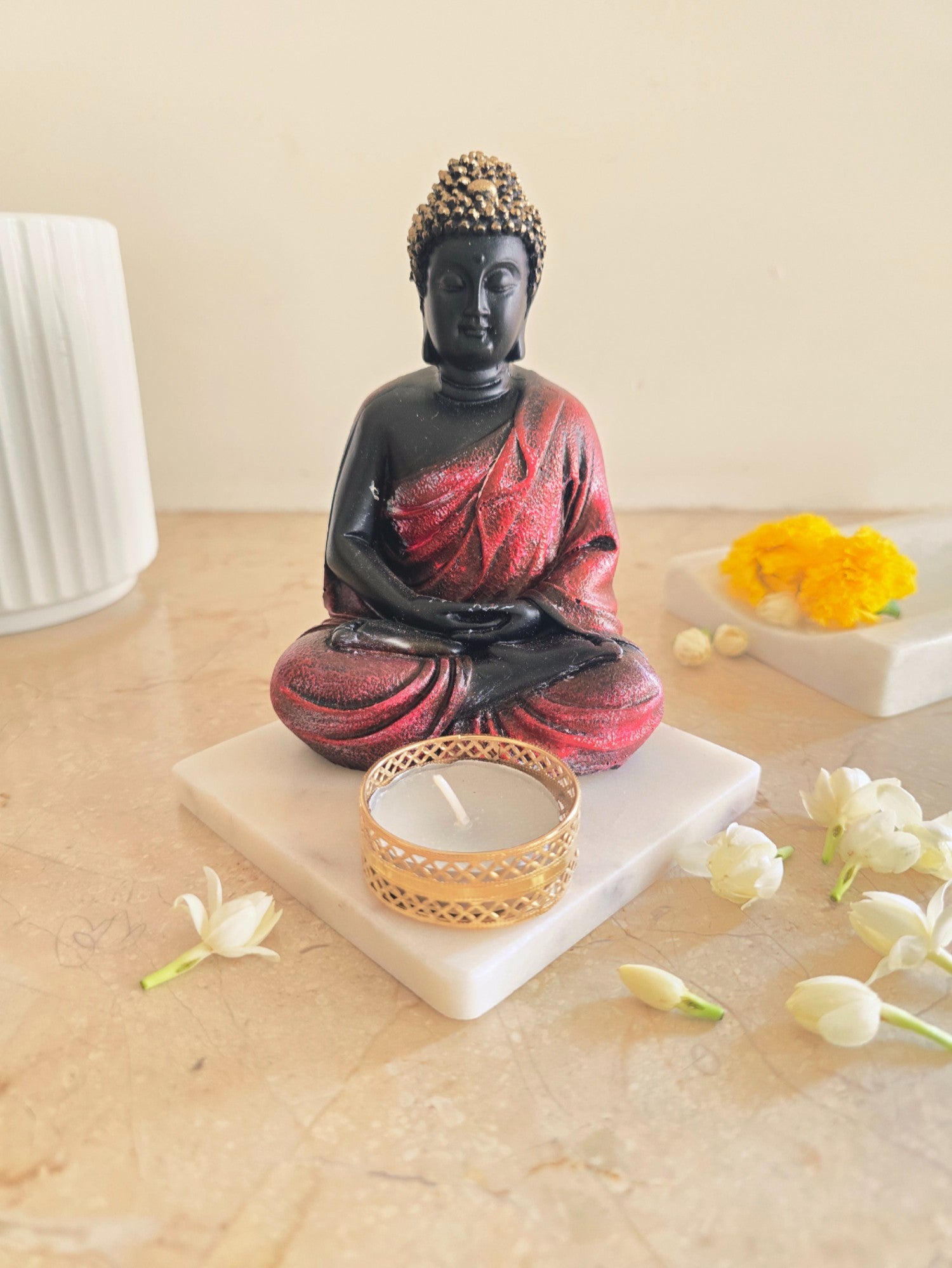 Pink Meditating Buddha Idol with Tealight Candle Holder