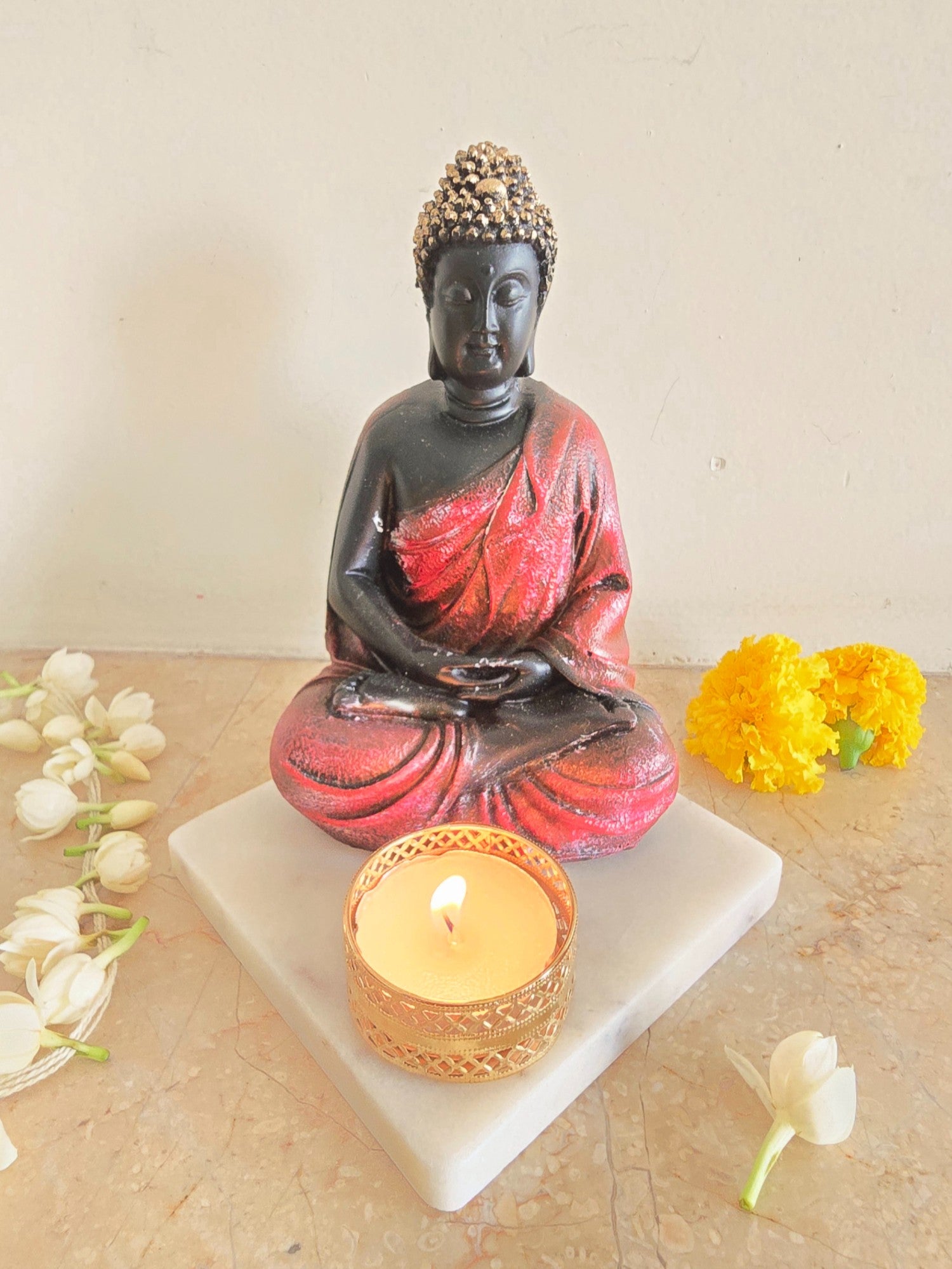 Pink Meditating Buddha Idol with Tealight Candle Holder