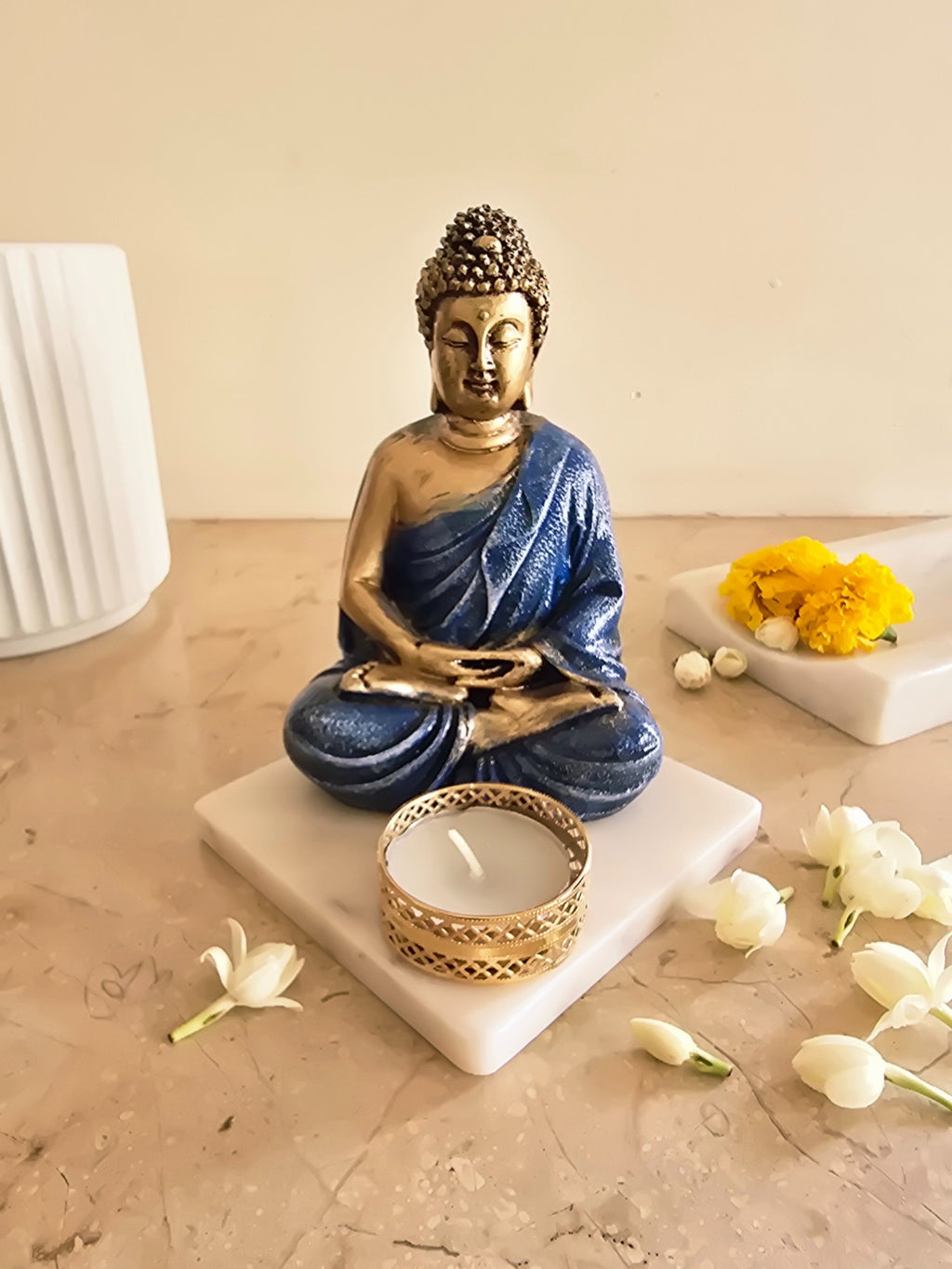 Blue Meditating Buddha Idol with Tealight Candle Holder