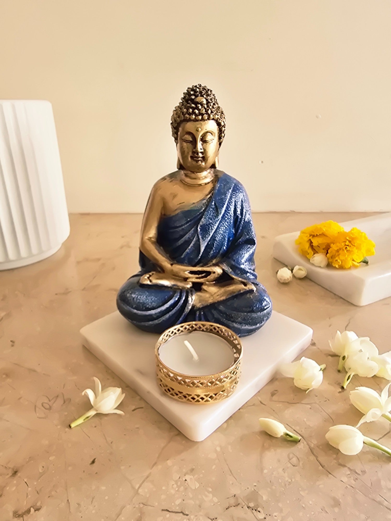 Blue Meditating Buddha Idol with Tealight Candle Holder