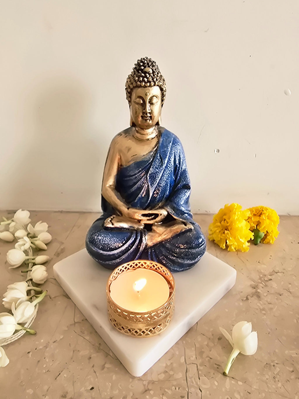 Blue Meditating Buddha Idol with Tealight Candle Holder